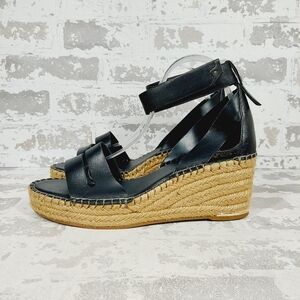 NEW Franco Sarto Callia Black Leather Espadrille Wedge Sandals T397